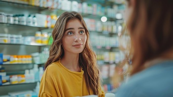 Young woman looking at pharmacist in drugstore. Focus on woman.